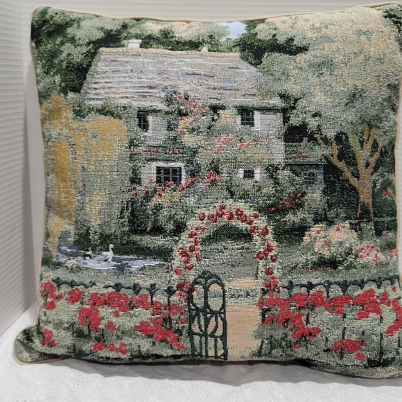 Needlepoint Peaceful Cottage Spring scenery Decorative Pillow square - Picture 8 of 12